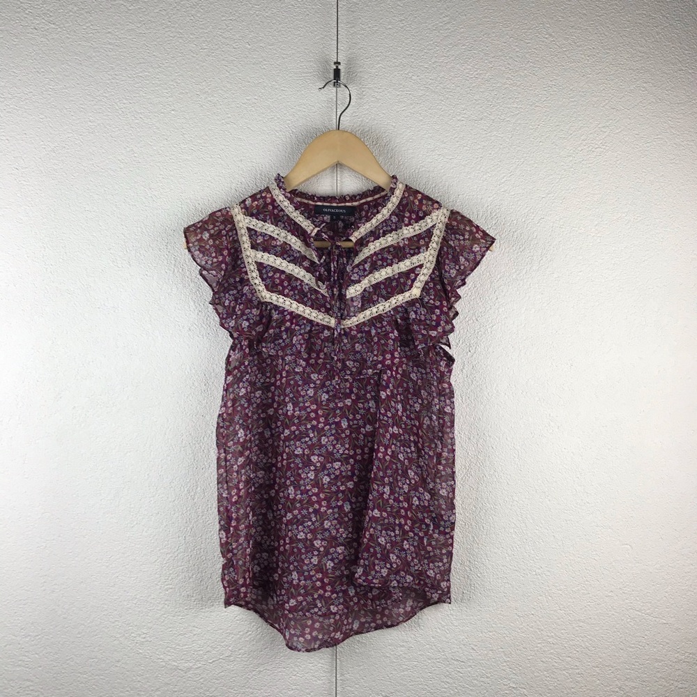 Olivaceous l S Sheer Feminine Dainty Floral Crochet Lace Trim Ruffle Boho Blouse